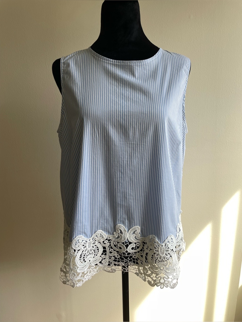 Chelsea & Theodore Blue White Stripe Lace Hem Sleeveless Top Size L
